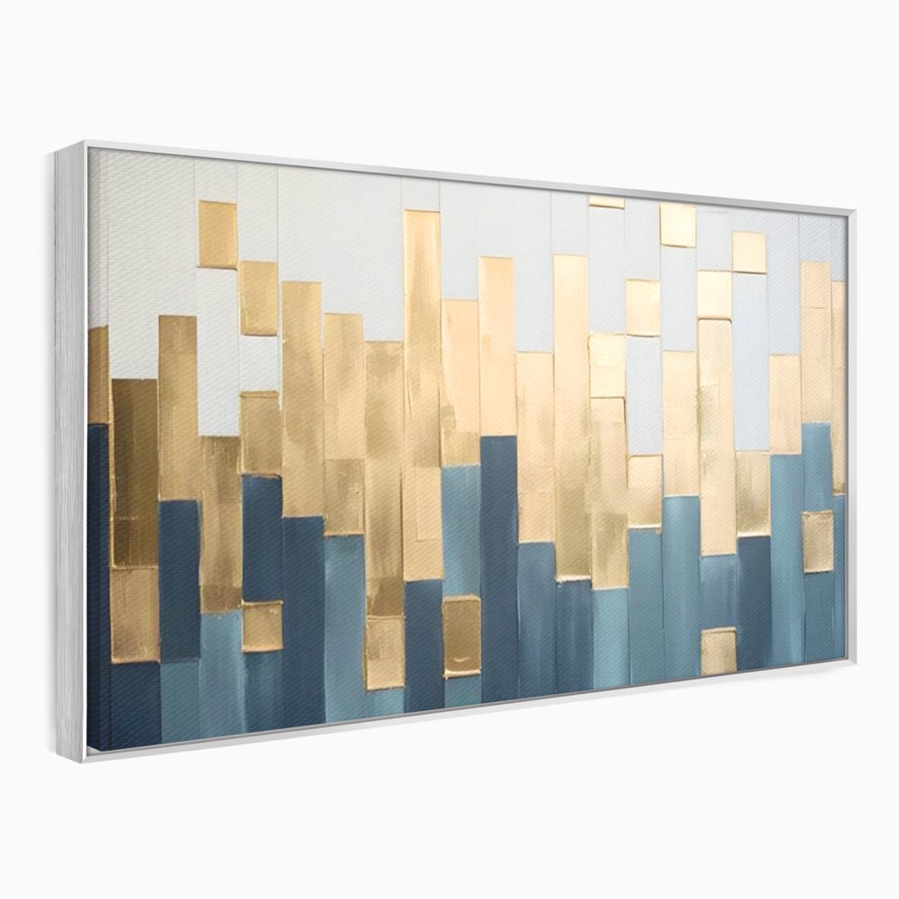 Tablou canvas cu tablou abstract cu benzi verticale aurii si albastre, in rama de aluminiu argintiu